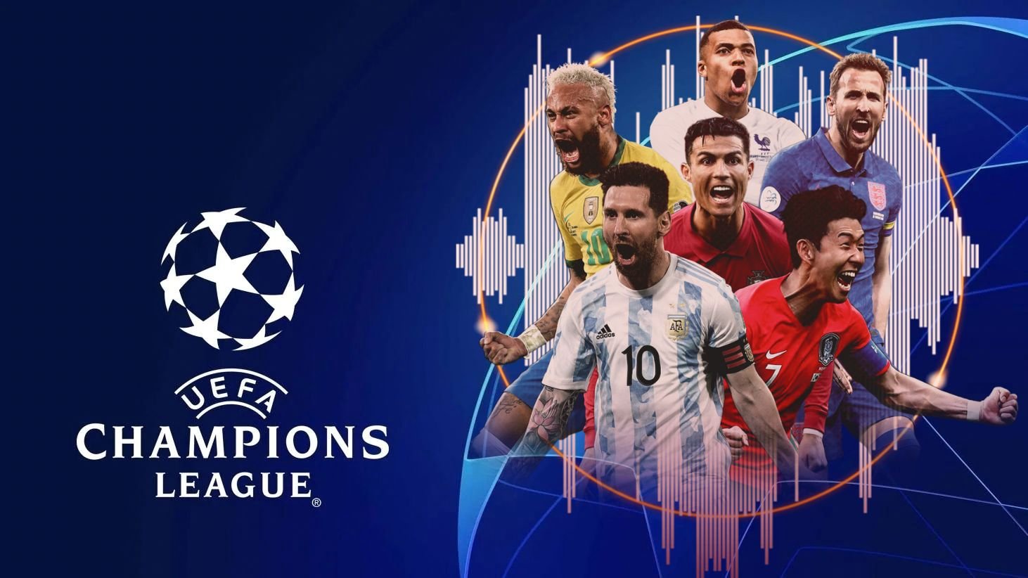 Visuel de football avec plusieurs joueurs et l’emblème de la Ligue des champions